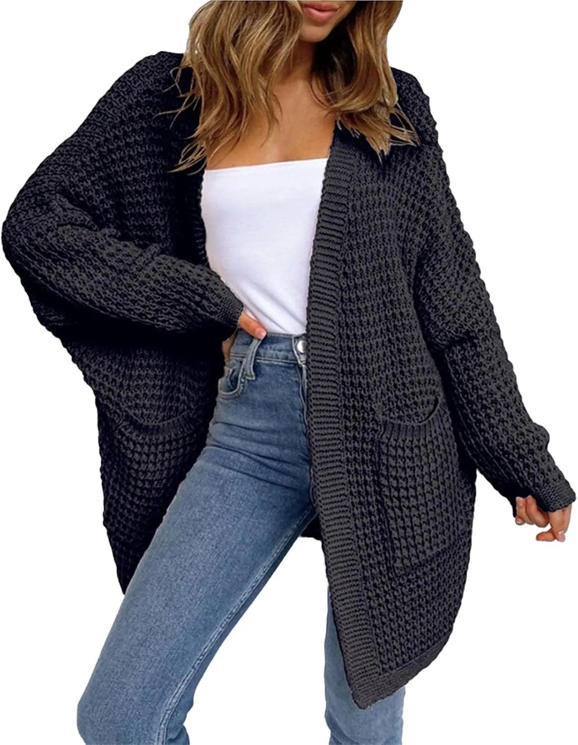 Women's Chunky Knit Open Front Cardigan Oversized Long Sleeve Sweater Ribbed Lighweight Dressy Casual Outwear