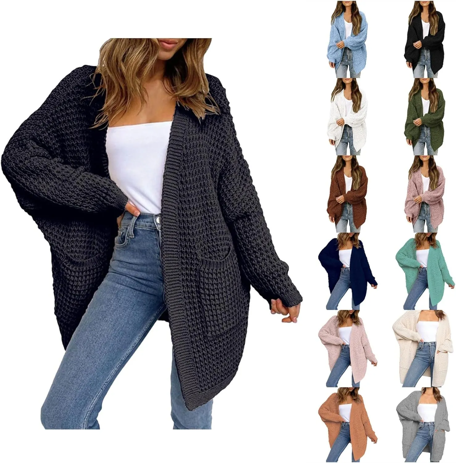 Women's Chunky Knit Open Front Cardigan Oversized Long Sleeve Sweater Ribbed Lighweight Dressy Casual Outwear