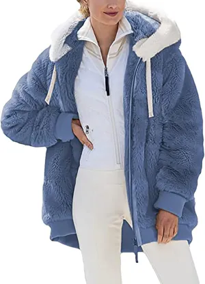 Women's Contrasting Lamb Wool Padded Coat Trendy Faux Shearling Coat Warm Hooded Zip Up Fuzzy Winter Jacket with Pockets