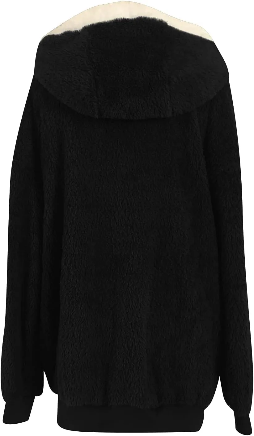 Women's Contrasting Lamb Wool Padded Coat Trendy Faux Shearling Coat Warm Hooded Zip Up Fuzzy Winter Jacket with Pockets