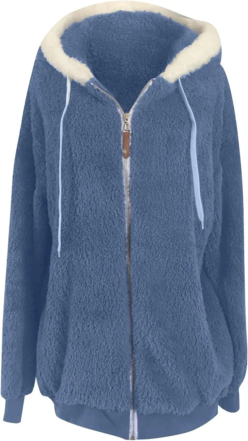 Women's Contrasting Lamb Wool Padded Coat Trendy Faux Shearling Coat Warm Hooded Zip Up Fuzzy Winter Jacket with Pockets