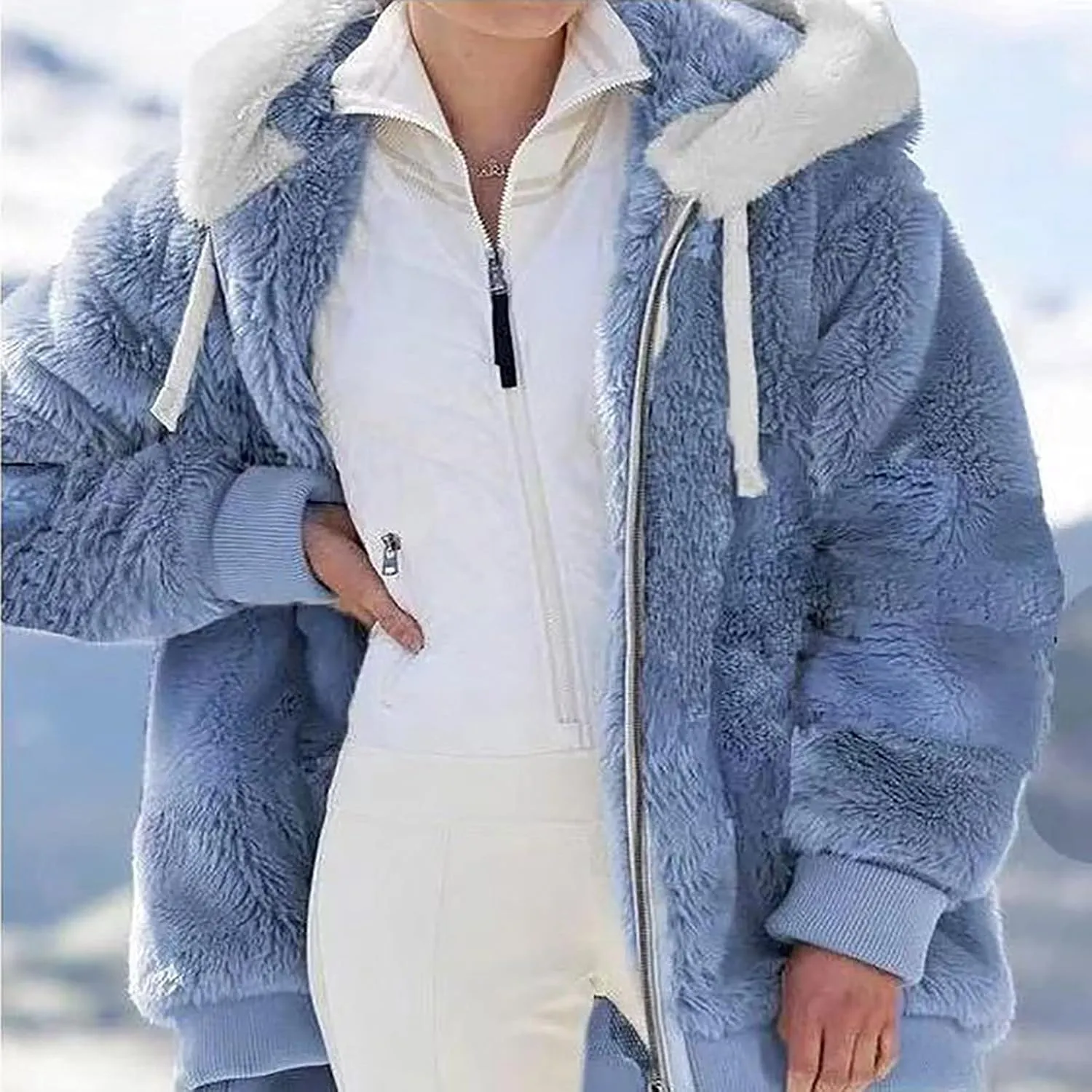 Women's Contrasting Lamb Wool Padded Coat Trendy Faux Shearling Coat Warm Hooded Zip Up Fuzzy Winter Jacket with Pockets