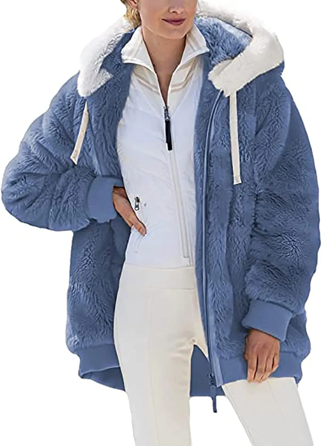 Women's Contrasting Lamb Wool Padded Coat Trendy Faux Shearling Coat Warm Hooded Zip Up Fuzzy Winter Jacket with Pockets