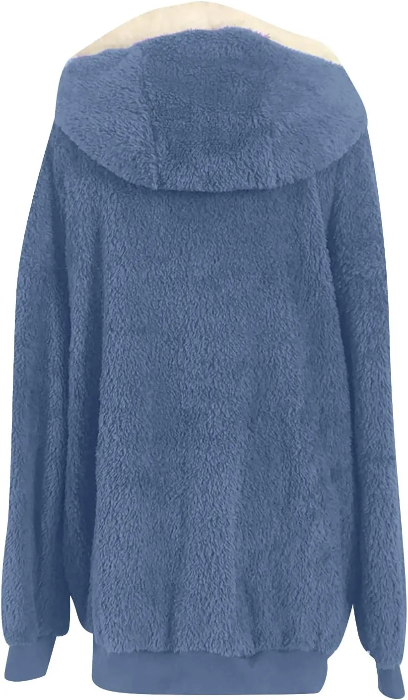Women's Contrasting Lamb Wool Padded Coat Trendy Faux Shearling Coat Warm Hooded Zip Up Fuzzy Winter Jacket with Pockets
