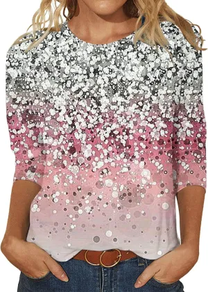Womens Crewneck Sequin T Shirts Trendy 3/4 Sleeve Sparkly Gradient Basic Blouse Tops Soft Loose Casual Pullover Tops