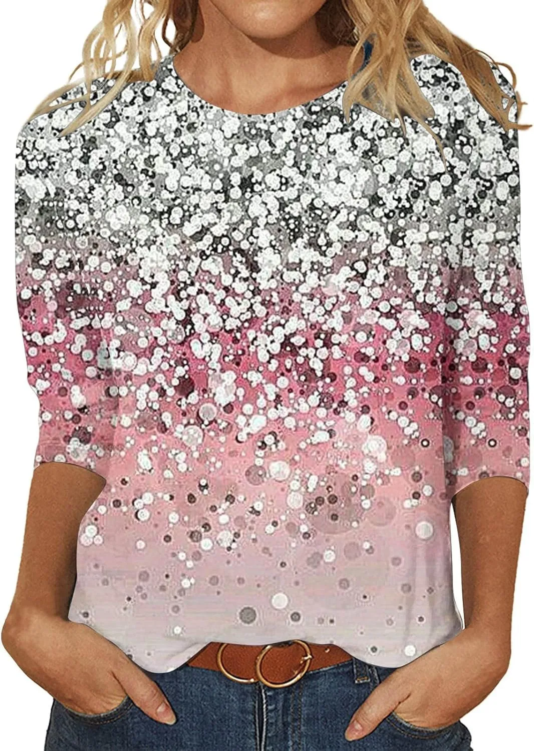 Womens Crewneck Sequin T Shirts Trendy 3/4 Sleeve Sparkly Gradient Basic Blouse Tops Soft Loose Casual Pullover Tops