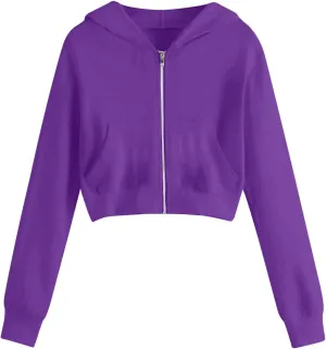 Women's Cropped Full Zipper Hoodie Casual Fleece Sweatshirts Jackets Solid Loose Fit Long Sleeve Y2K Short Outwear