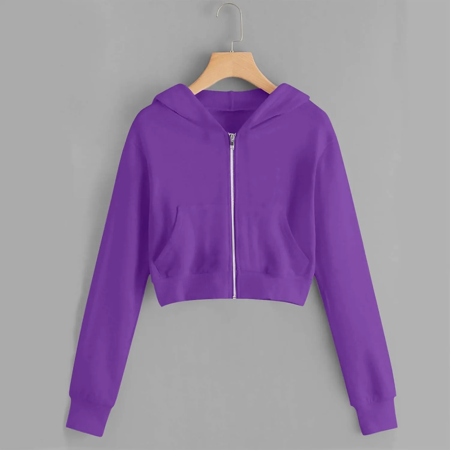 Women's Cropped Full Zipper Hoodie Casual Fleece Sweatshirts Jackets Solid Loose Fit Long Sleeve Y2K Short Outwear