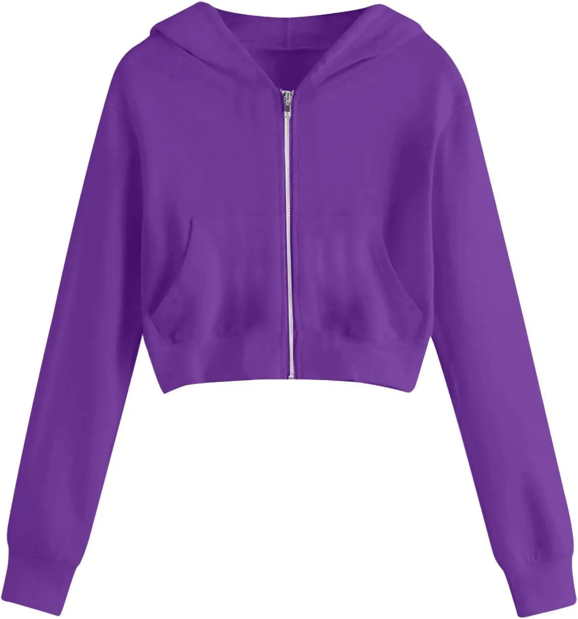 Women's Cropped Full Zipper Hoodie Casual Fleece Sweatshirts Jackets Solid Loose Fit Long Sleeve Y2K Short Outwear