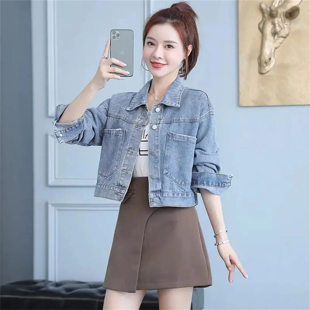 Women's Denim Jacket Outerwear Spliced Casual Style Slim Jeans Jackets