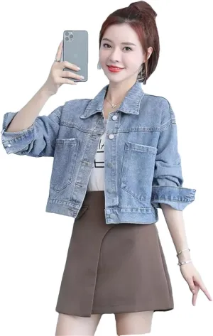 Women's Denim Jacket Outerwear Spliced Casual Style Slim Jeans Jackets