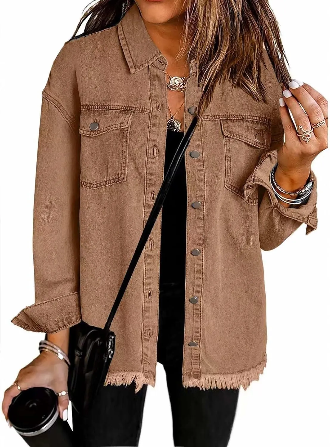 Women's Denim Jackets 2024 Trendy Distressed Frayed Hem Jacket Coat Retro Button Long Sleeve Crop Jean Shirts Pocket