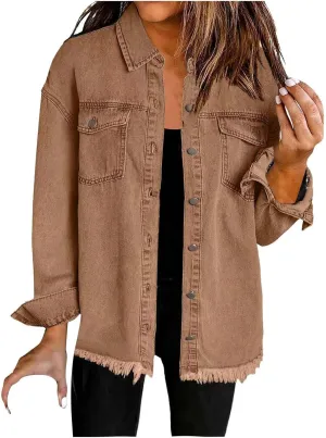 Women's Denim Jackets 2024 Trendy Distressed Frayed Hem Jacket Coat Retro Button Long Sleeve Crop Jean Shirts Pocket