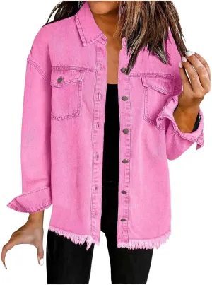 Women's Denim Jackets 2024 Trendy Distressed Frayed Hem Jacket Coat Retro Button Long Sleeve Crop Jean Shirts Pocket
