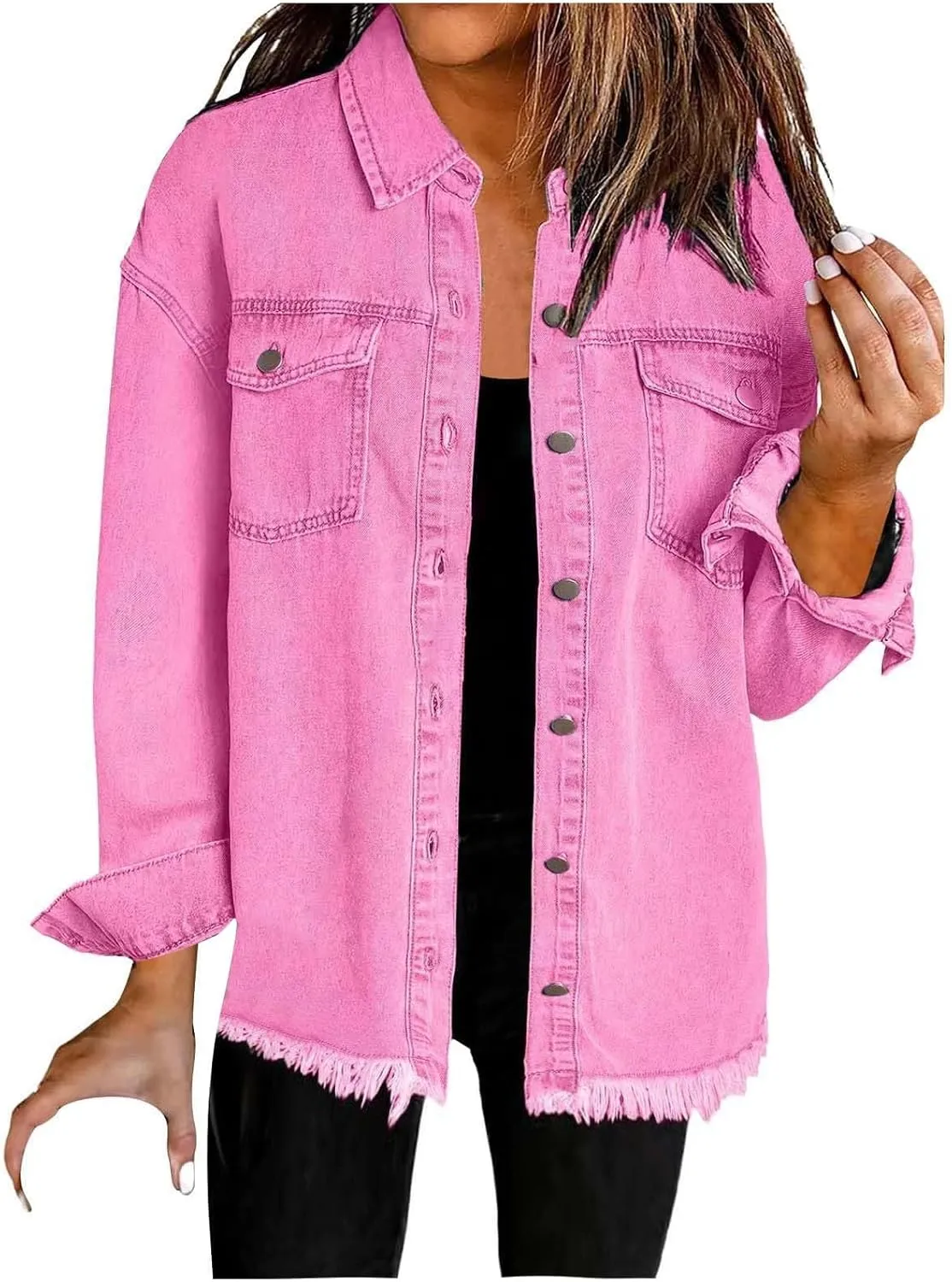 Women's Denim Jackets 2024 Trendy Distressed Frayed Hem Jacket Coat Retro Button Long Sleeve Crop Jean Shirts Pocket