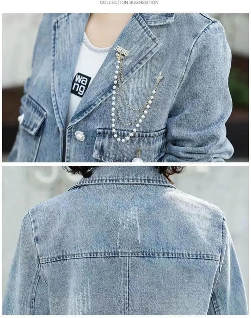 Women's Denim Outerwear Korean Style Long Sleeve Chains Three-Dimensional Decoration Jackets