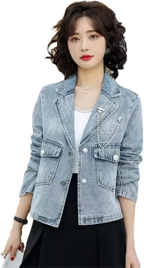 Women's Denim Outerwear Korean Style Long Sleeve Chains Three-Dimensional Decoration Jackets