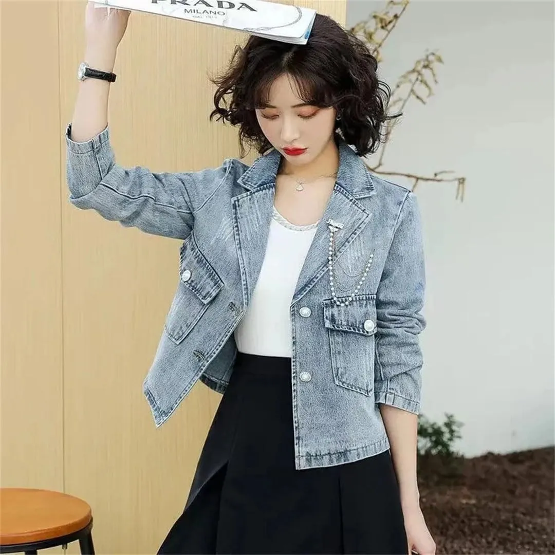 Women's Denim Outerwear Korean Style Long Sleeve Chains Three-Dimensional Decoration Jackets