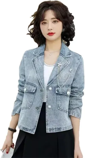 Women's Denim Outerwear Korean Style Long Sleeve Chains Three-Dimensional Decoration Jackets