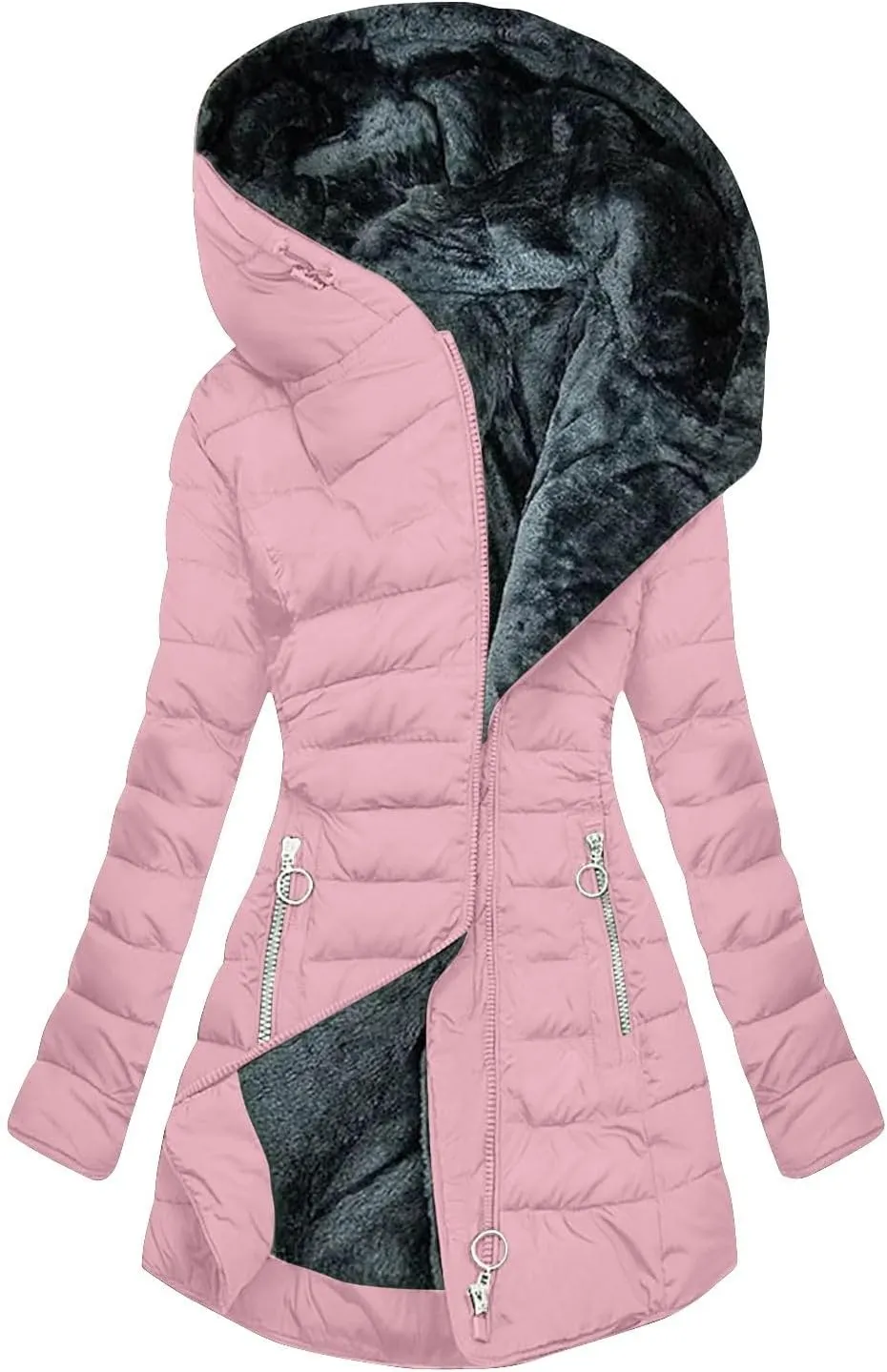 Women's Down Jacket Fleece Lined Zip Up Fur Hooded Coat Waterproof Thick Quilted Jacket Oversize Warm Trench Coat
