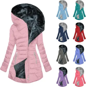 Women's Down Jacket Fleece Lined Zip Up Fur Hooded Coat Waterproof Thick Quilted Jacket Oversize Warm Trench Coat