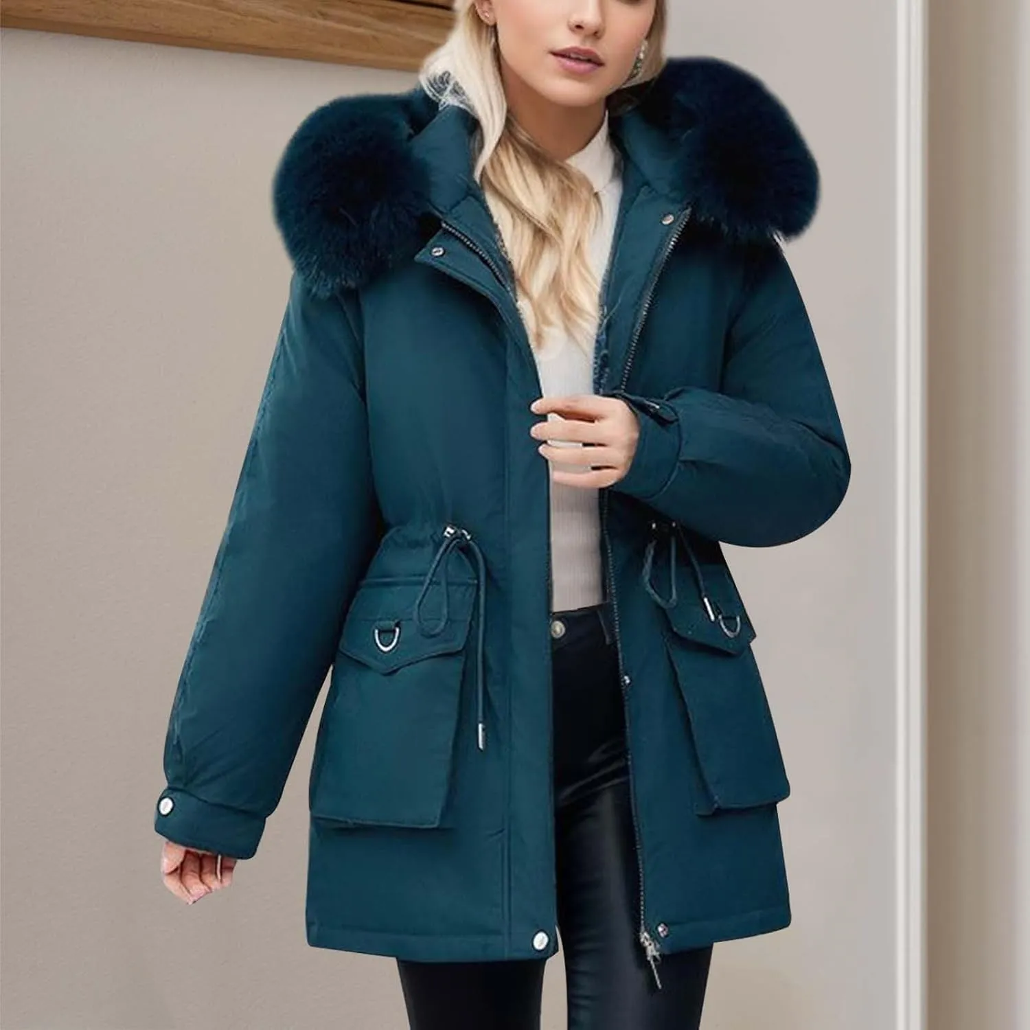 Women's Down Jacket Mid Length Thickened Quilted Puffer Jackets Padded Winter Coat Faux Fur Hood Outerwear Pockets