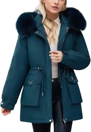Women's Down Jacket Mid Length Thickened Quilted Puffer Jackets Padded Winter Coat Faux Fur Hood Outerwear Pockets