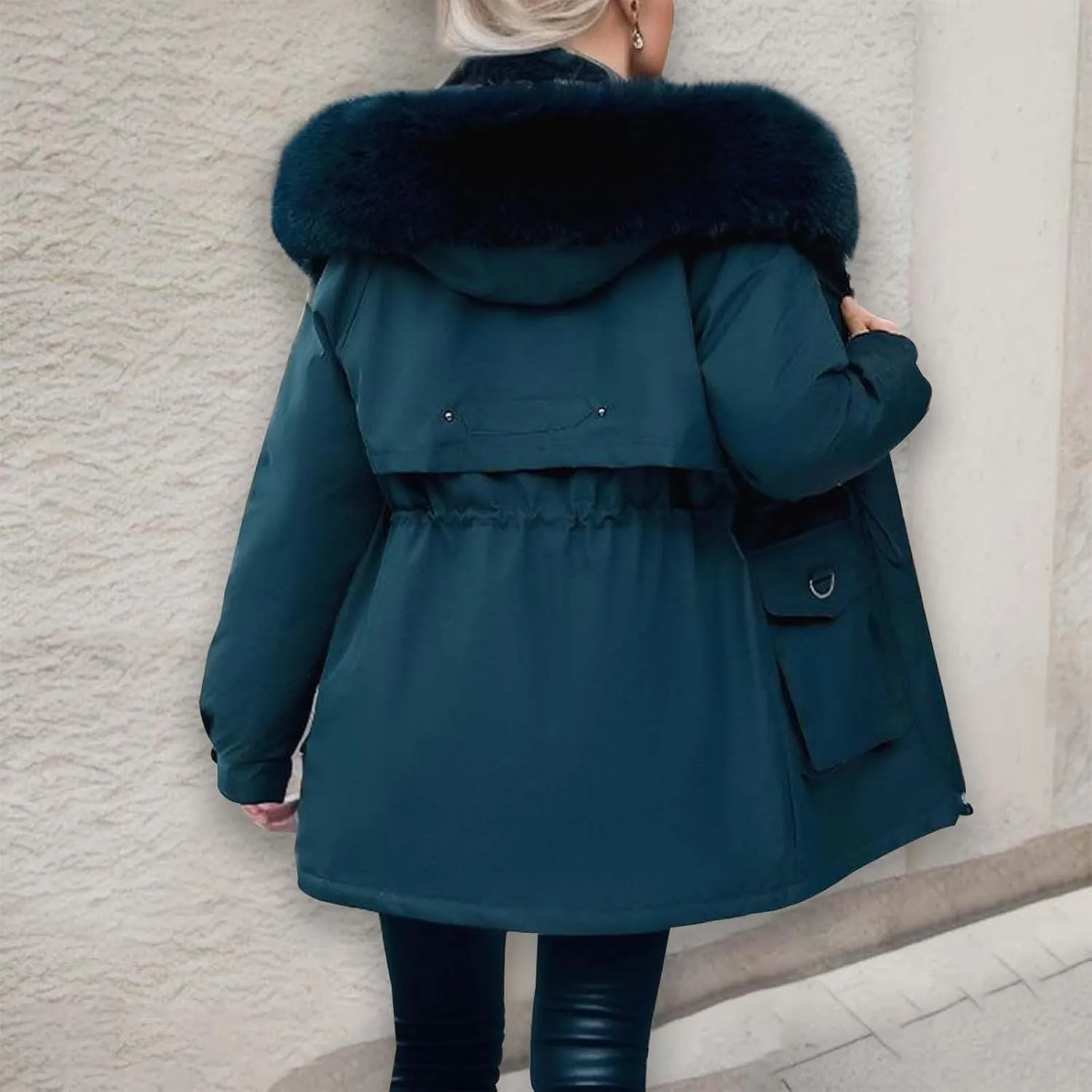 Women's Down Jacket Mid Length Thickened Quilted Puffer Jackets Padded Winter Coat Faux Fur Hood Outerwear Pockets