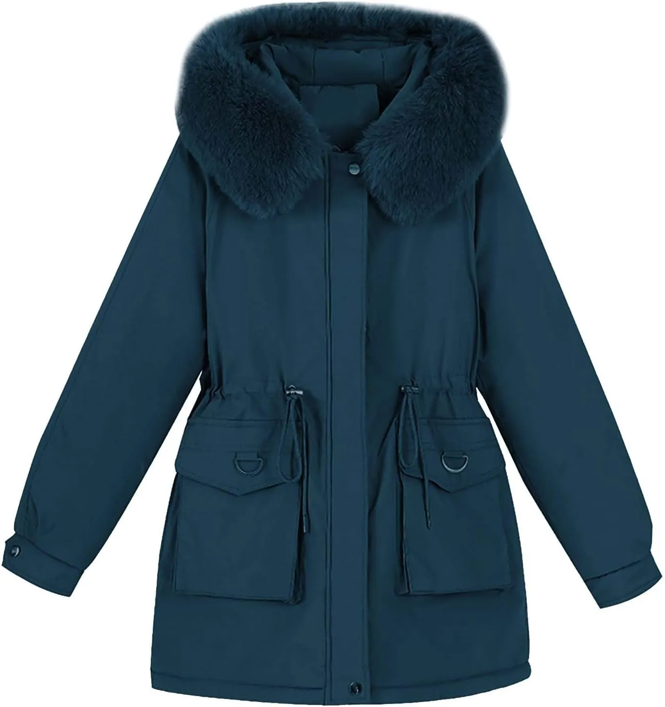 Women's Down Jacket Mid Length Thickened Quilted Puffer Jackets Padded Winter Coat Faux Fur Hood Outerwear Pockets