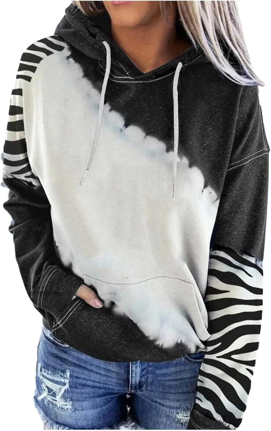 Womens Drawstring Color Block Loose Hooded Sweatshirt Casual Comfy Sweaters Fashion Oversized Tie Dye Long Sleeve Pullover