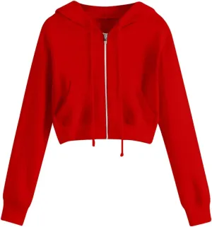Women's Drawstring Full Zip Hoodies Fall Winter Cropped Fleece Sweatshirt Jackets Casual Long Sleeve Solid Outwear
