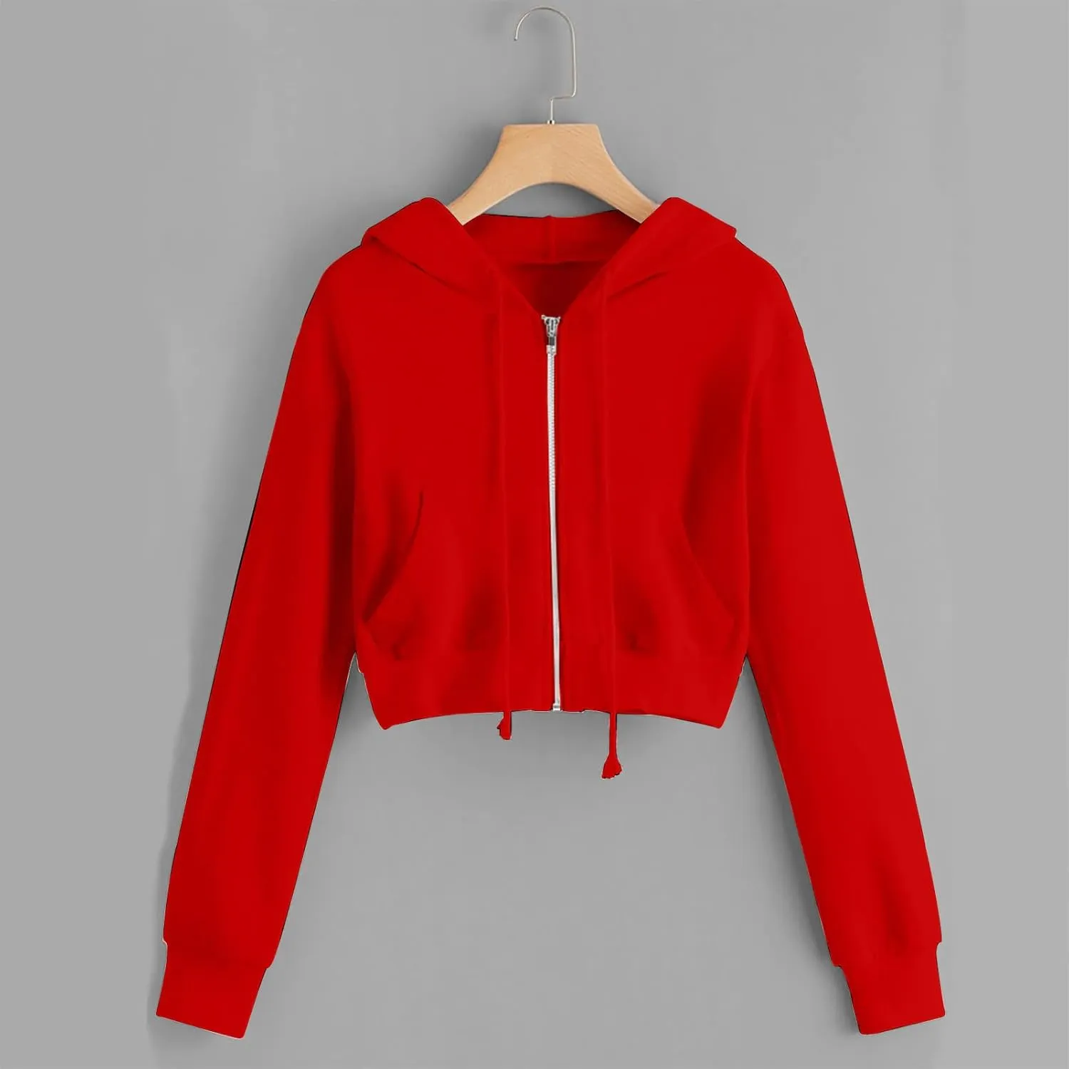 Women's Drawstring Full Zip Hoodies Fall Winter Cropped Fleece Sweatshirt Jackets Casual Long Sleeve Solid Outwear