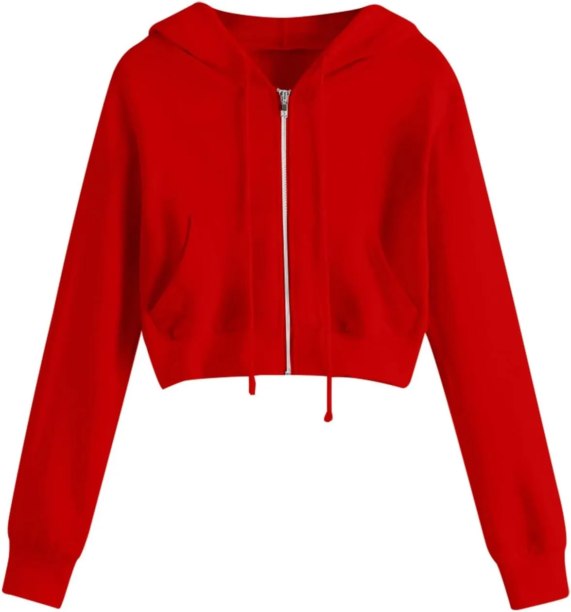 Women's Drawstring Full Zip Hoodies Fall Winter Cropped Fleece Sweatshirt Jackets Casual Long Sleeve Solid Outwear