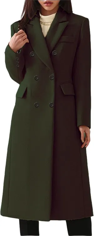Womens Elegant Notched Collar Double Breasted Wool Blend Over Coat Jackets