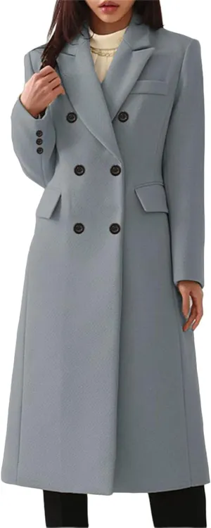 Womens Elegant Notched Collar Double Breasted Wool Blend Over Coat Jackets