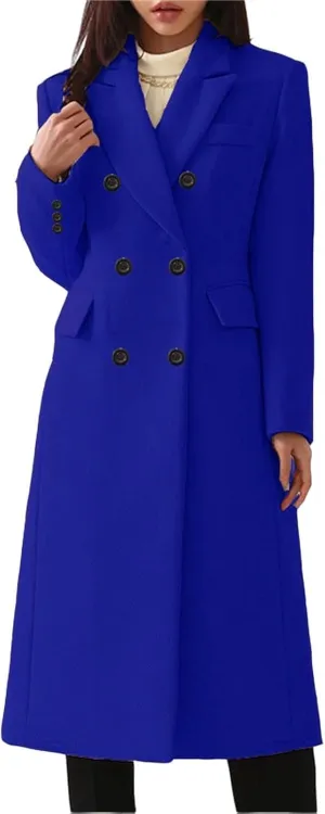 Womens Elegant Notched Collar Double Breasted Wool Blend Over Coat Jackets