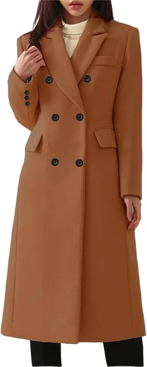 Womens Elegant Notched Collar Double Breasted Wool Blend Over Coat Jackets