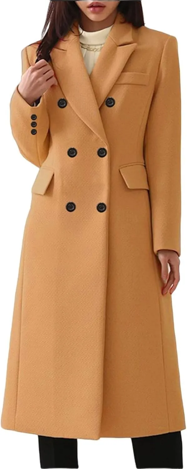 Womens Elegant Notched Collar Double Breasted Wool Blend Over Coat Jackets