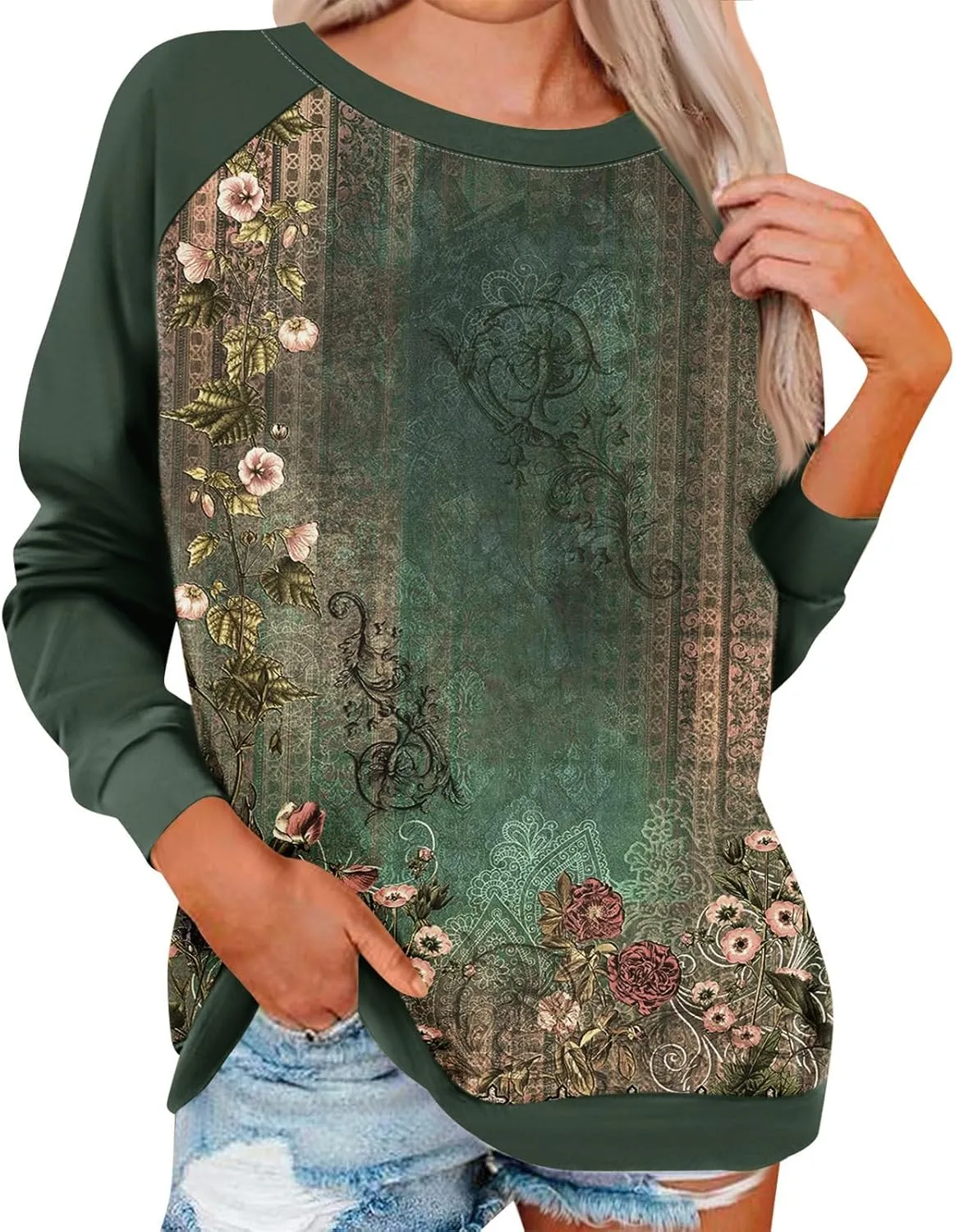 Womens Fall Fashion 2024 Long Sleeve Floral Print Cute Sweatshirts Crewneck Basics Plus Size Clothes Clothing
