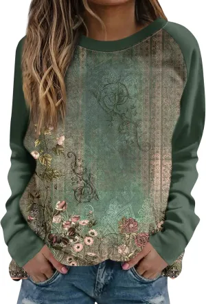 Womens Fall Fashion 2024 Long Sleeve Floral Print Cute Sweatshirts Crewneck Basics Plus Size Clothes Clothing