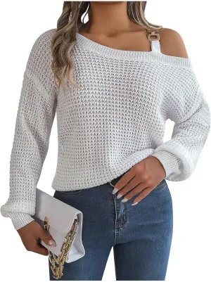 Women's Fashion Casual Loose Metal Buckle Spliced Off-Shoulder Sweater Solid Color Long Sleeve Sweater Pullover Top