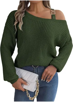 Women's Fashion Casual Loose Metal Buckle Spliced Off-Shoulder Sweater Solid Color Long Sleeve Sweater Pullover Top