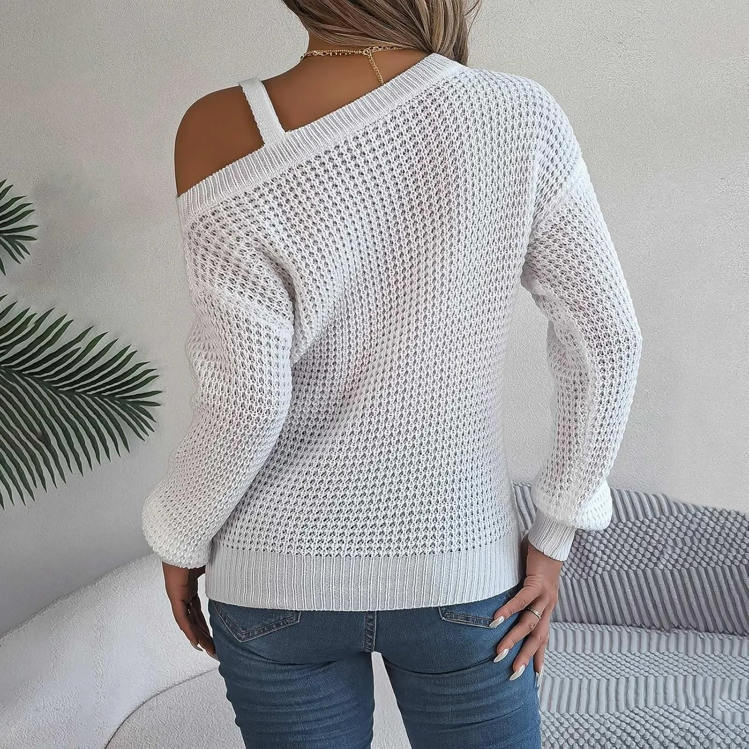 Women's Fashion Casual Loose Metal Buckle Spliced Off-Shoulder Sweater Solid Color Long Sleeve Sweater Pullover Top