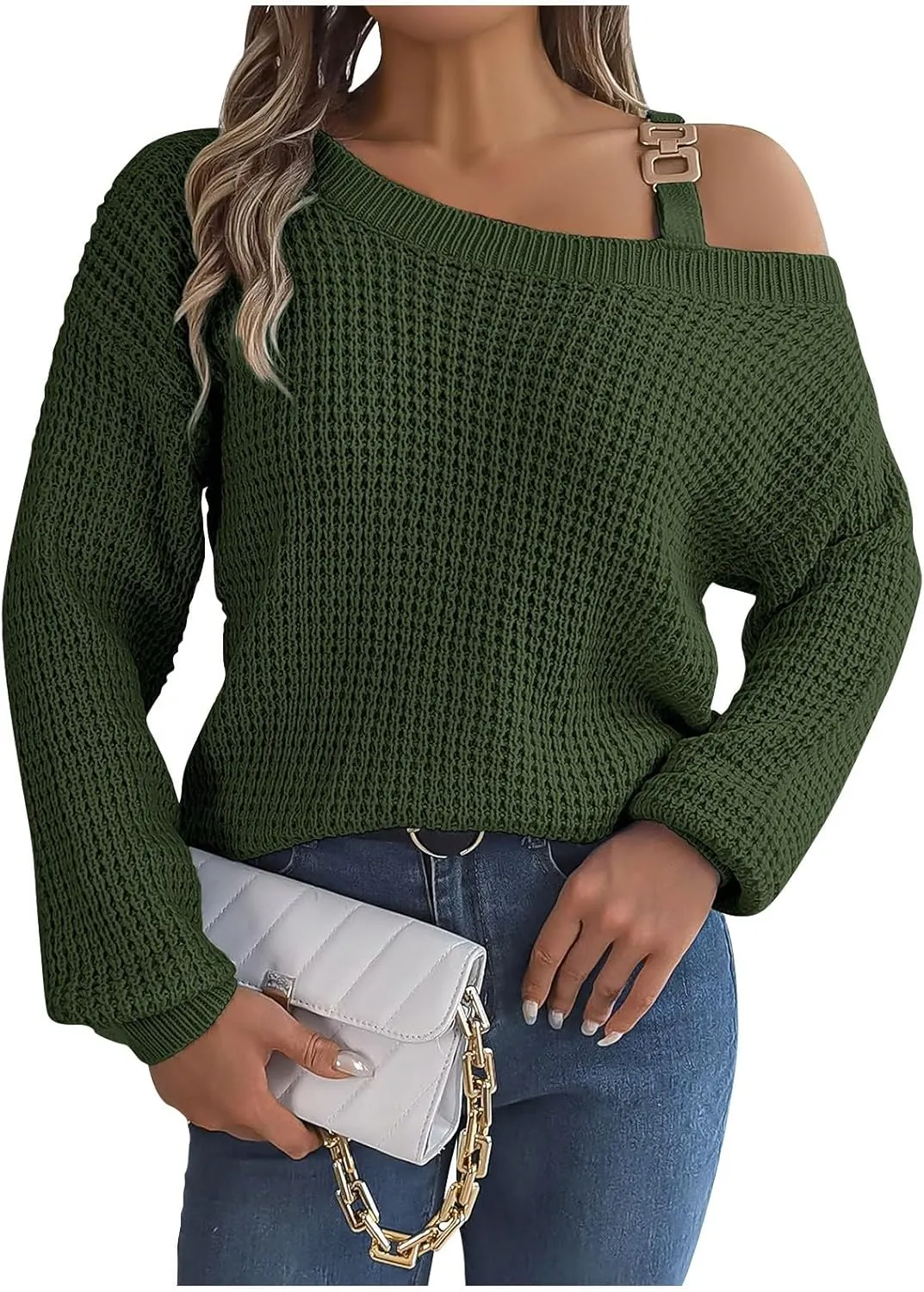 Women's Fashion Casual Loose Metal Buckle Spliced Off-Shoulder Sweater Solid Color Long Sleeve Sweater Pullover Top