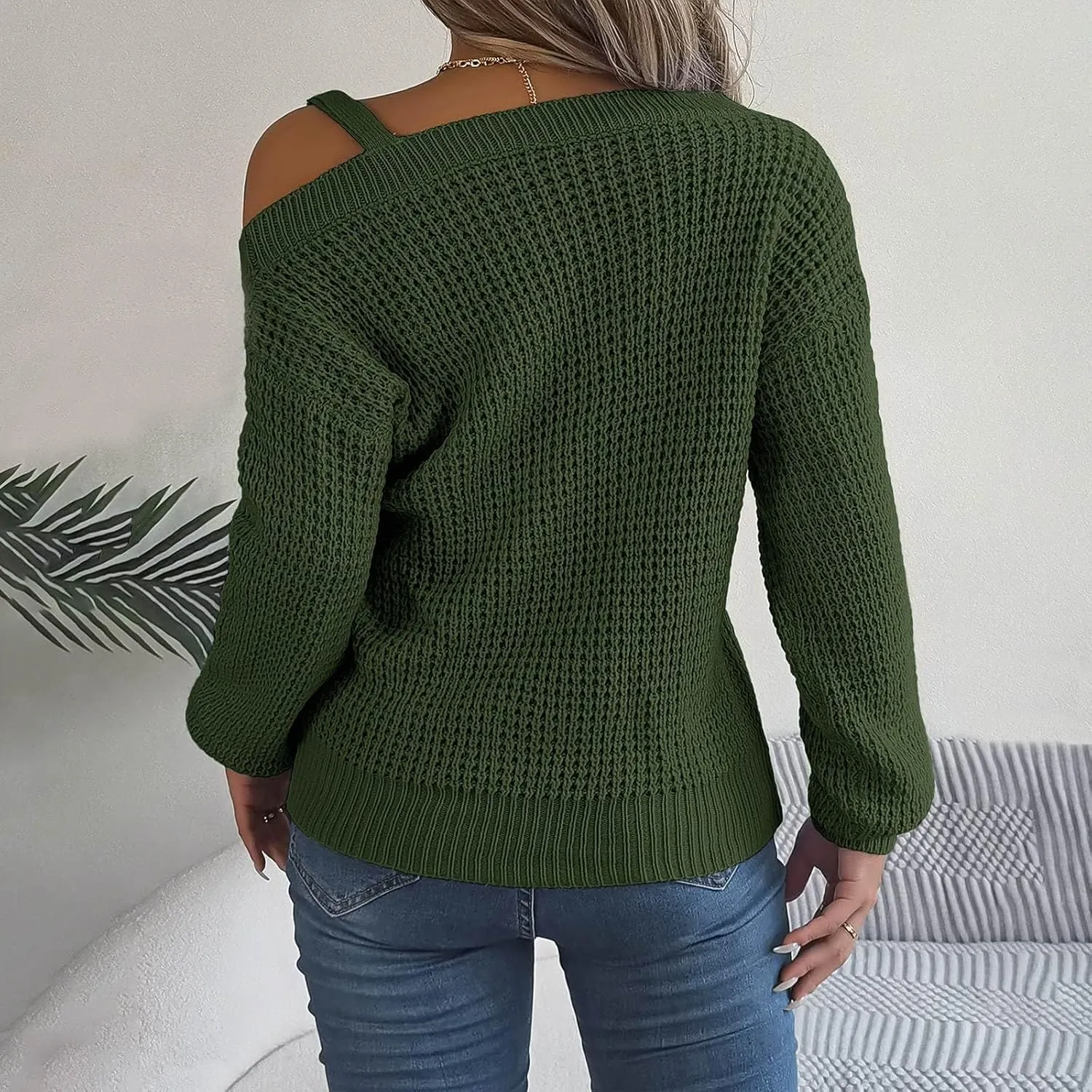 Women's Fashion Casual Loose Metal Buckle Spliced Off-Shoulder Sweater Solid Color Long Sleeve Sweater Pullover Top