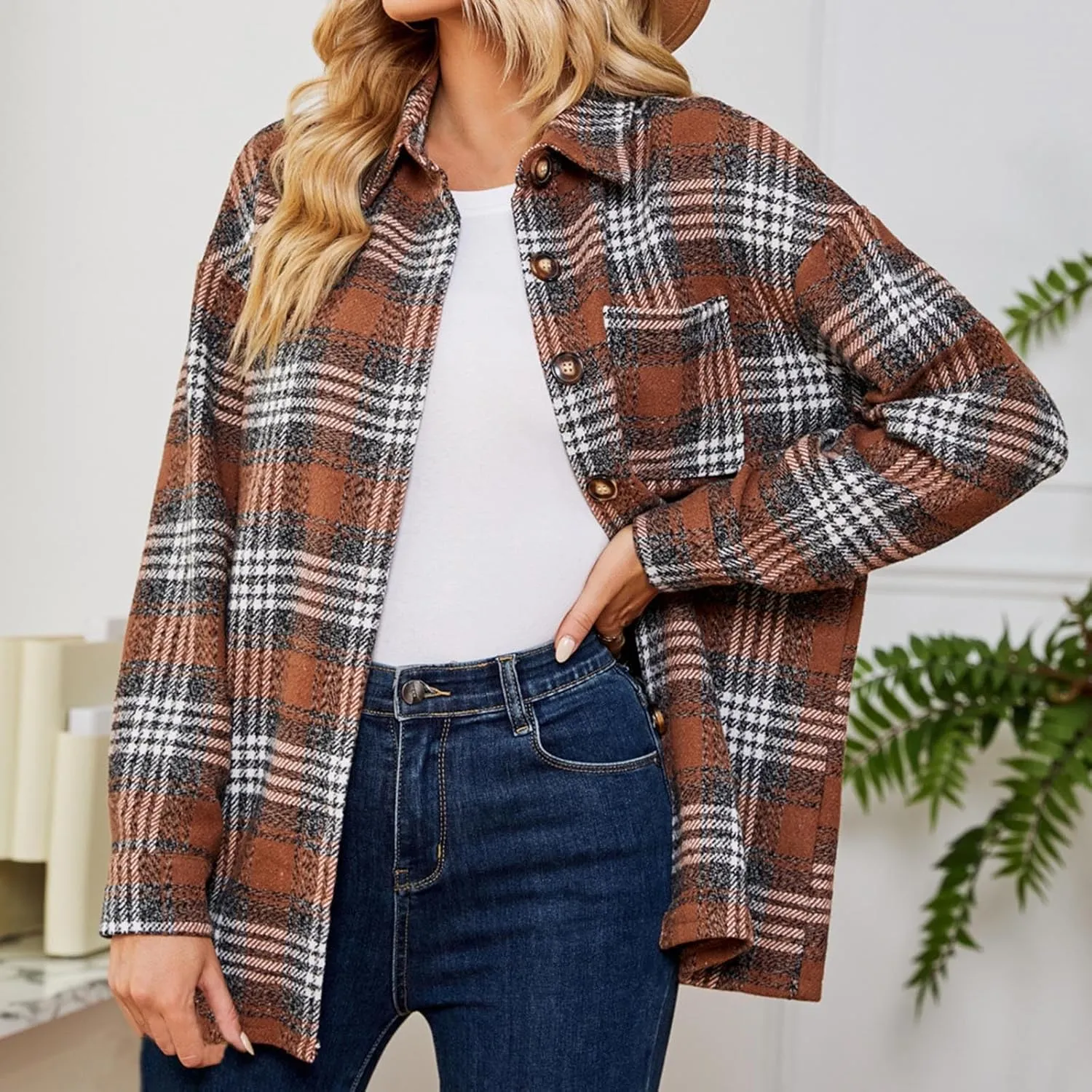 Women's Fashion Flannel Wool Blend Plaid Shacket Long Sleeve Button Up Jackets Coat Fall Winter Outdoor Casual Jacket