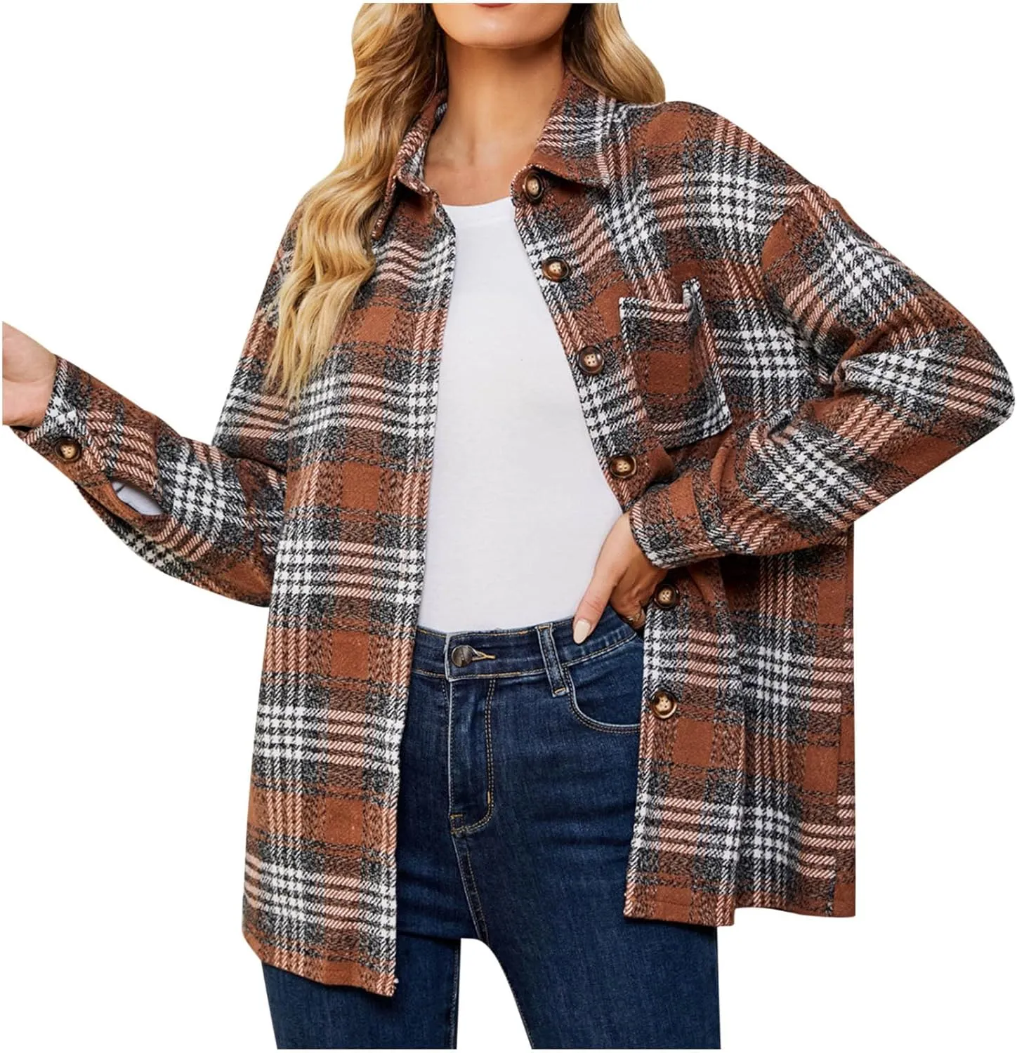 Women's Fashion Flannel Wool Blend Plaid Shacket Long Sleeve Button Up Jackets Coat Fall Winter Outdoor Casual Jacket