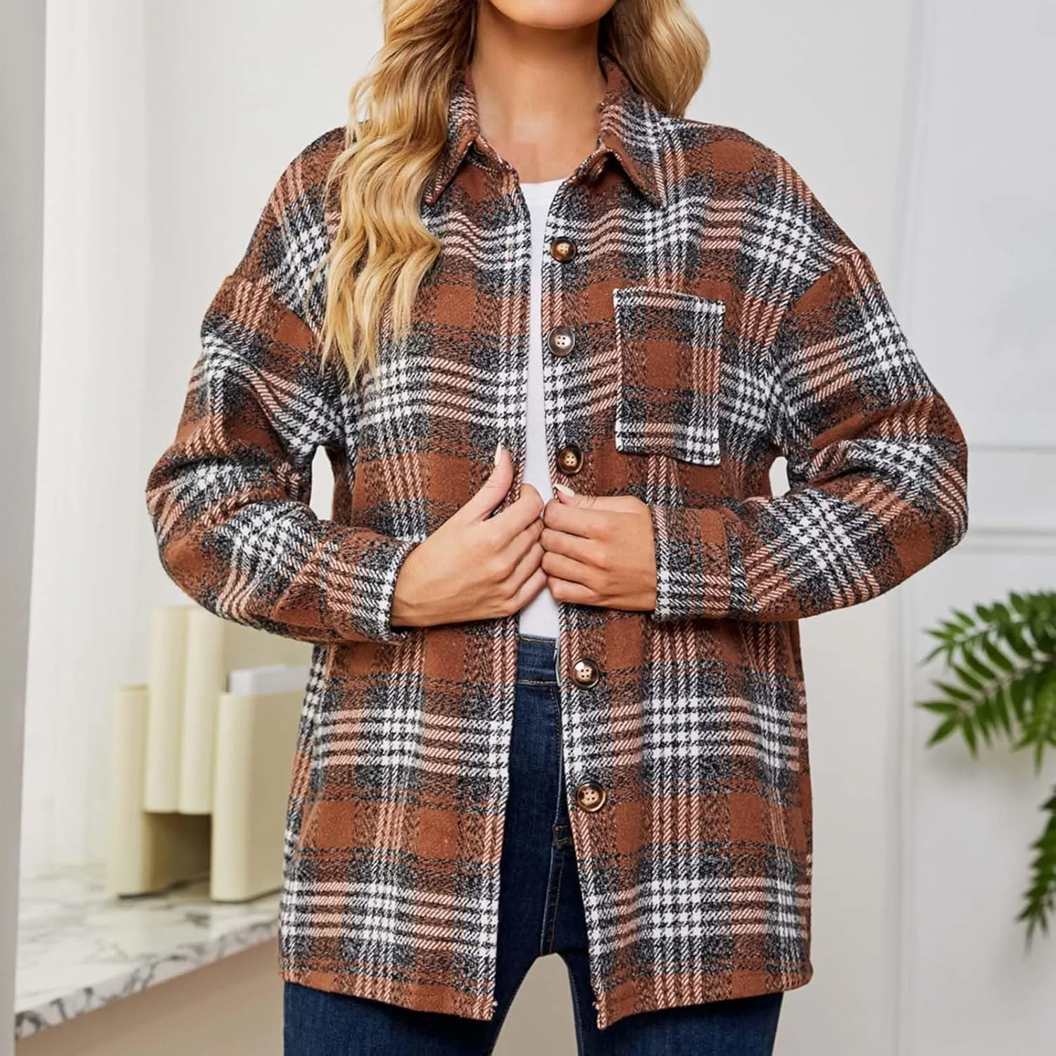 Women's Fashion Flannel Wool Blend Plaid Shacket Long Sleeve Button Up Jackets Coat Fall Winter Outdoor Casual Jacket
