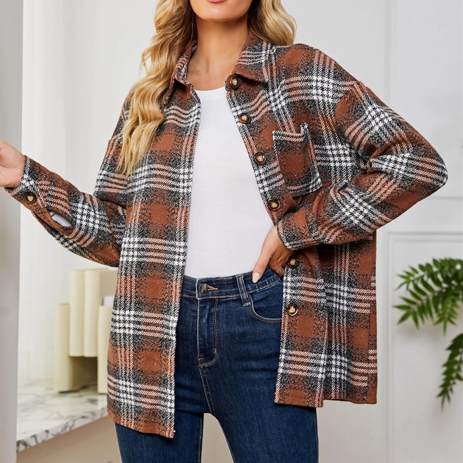 Women's Fashion Flannel Wool Blend Plaid Shacket Long Sleeve Button Up Jackets Coat Fall Winter Outdoor Casual Jacket