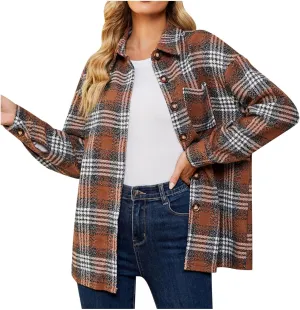 Women's Fashion Flannel Wool Blend Plaid Shacket Long Sleeve Button Up Jackets Coat Fall Winter Outdoor Casual Jacket